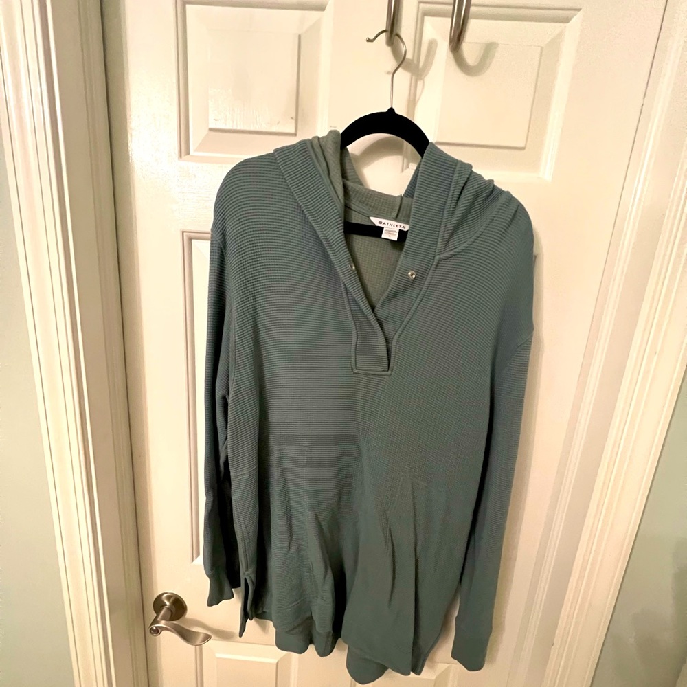 Athleta Waffleknit Hoodie size large tunic length sea green